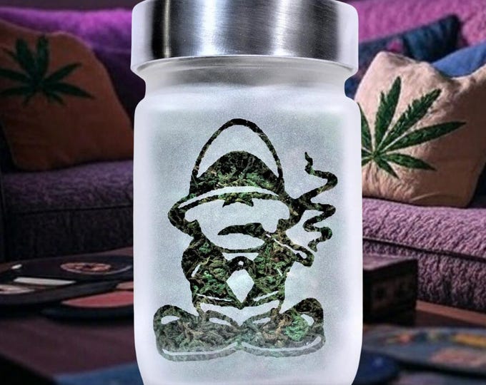 Etched Glass Stash Jar - Smoky Gangster Design - Airtight, Odor-Proof Storage - 4" Tall - Twisted420Glass