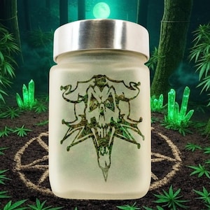 Luftdichtes Joker Skull Stash Glas von Twisted420Glass, sandgestrahltes handgefertigtes geruchssicheres Aufbewahrungsglas