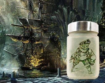 Pirate King Etched Glass Stash Jar - Airtight,  by Twisted420Glass - Perfect for Storing Herbs and Spices - Fun and Unique Gift Idea