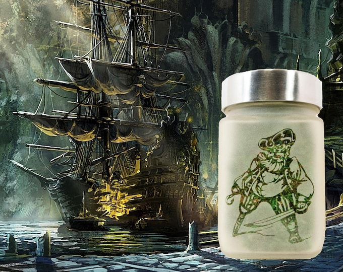 Pirate King Etched Glass Stash Jar - Airtight,  by Twisted420Glass - Perfect for Storing Herbs and Spices - Fun and Unique Gift Idea