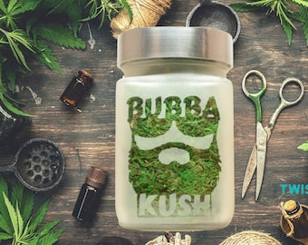 Handmade Etched Glass Stash Jar with Bubba Kush and Beard Design