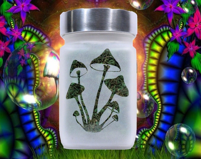 Handmade Etched Glass Magic Mushroom Stash Jar: Functional and Unique, Mycology Enthusiast's Must-Have