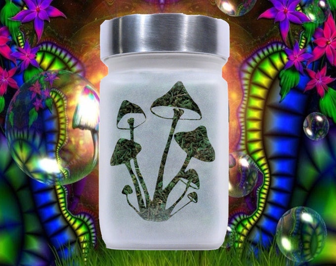 Featured listing image: Mushroom Etched Glass Stash Jar: Airtight Herb Container