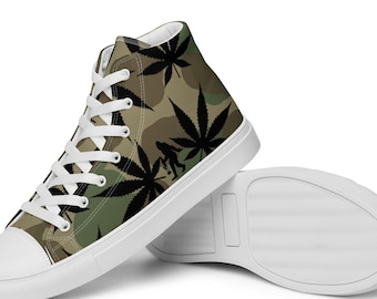 Ladies Camo Hi Top Canvas Sneakers by Twisted420Glass - Hidden Bigfoot and Cannabis Camouflage Women's Shoe Sizes 5 - 11.5
