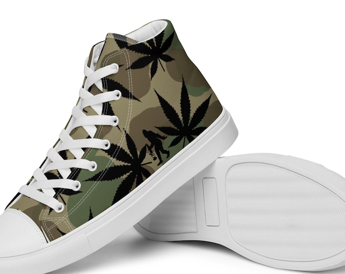 Ladies Camo Hi Top Canvas Sneakers by Twisted420Glass - Hidden Bigfoot and Cannabis Camouflage Women's Shoe Sizes 5 - 11.5