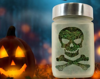 Skull Stash Jar and Herb Container by Twisted420Glass - Jolly Roger Stoner Gifts, Skull & Crossbones Stoner Halloween - Weed Jars for him