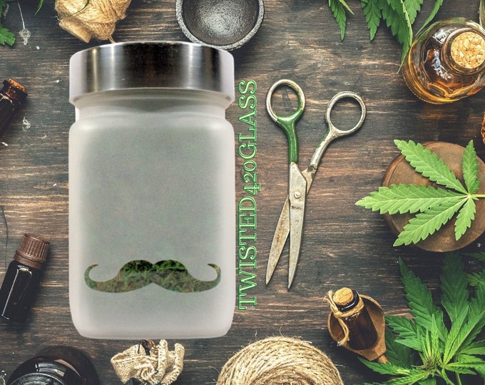 Modern Mans Etched Glass Stache Jar by Twisted420Glass - Airtight, Odor Proof, 4" Tall x 2.5" Wide - Mustache & Beard Toiletry Organization