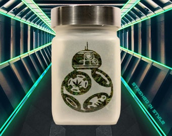 Rolling Robot Stash Jar - Etched Glass, Airtight, Odor Proof - 4" Tall x 2.5" Wide