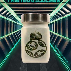 Rolling Robot Stash Jar - Etched Glass, Airtight, Odor Proof - 4" Tall x 2.5" Wide