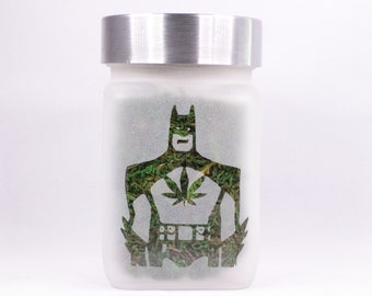 Canna Caped Hero Etched Glass Stash Jars by Twisted420Glass - 4" Tall x 2.5" Wide, Airtight, Odor Proof