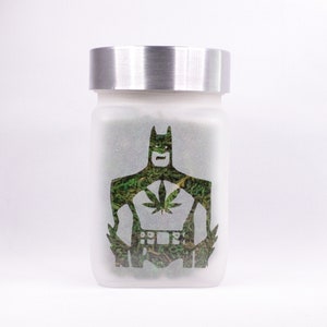 Canna Caped Hero Etched Glass Stash Jars by Twisted420Glass - 4" Tall x 2.5" Wide, Airtight, Odor Proof