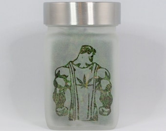 Superhuman Man with Pot Leaf Stash Jar - Weed Jar - Weed Accessories & Stoner Gifts - Weed Gift, Cannabis Edibles Storage