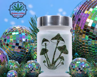 Mushroom Etched Glass Stash Jar - Hand-Etched Airtight Odor-Proof Herb Container | Cottagecore Cannabis Storage | 420 Gift