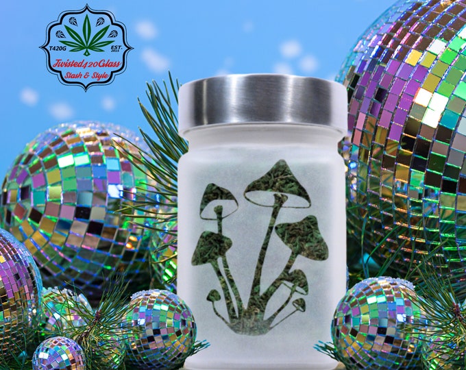 Mushroom Etched Glass Stash Jar - Hand-Etched Airtight Odor-Proof Herb Container | Cottagecore Cannabis Storage | 420 Gift