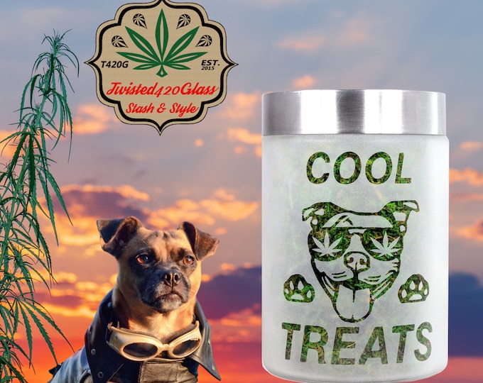 Handcrafted Etched Cool Dog Treat Stash Jar – Airtight, Odor-Proof Glass Storage for Treats or Stash – 6x4 Inches