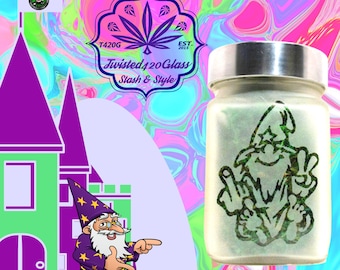 Wacky Wizard Etched Glass Stash Jar by Twisted420Glass - Airtight & Odor Proof Edibles Gift Jar