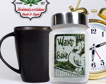 Wake & Bake Stash Jar - Airtight Glass Storage for Herbs - Unique Coffee and Cannabis Lovers Gift