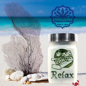 Relax Deep Etched Glass Stash Jar by Twisted420Glass - Airtight & Smell Proof Container, Handcrafted