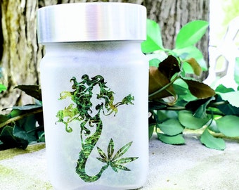 Mermaid with Cannabis Leaf Tail Etched Glass Stash Jar - Airtight, Odor-Proof by Twisted420Glass