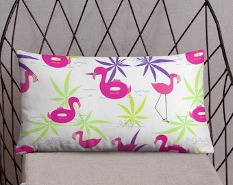 Reversible Pink Flamingo Summer Throw Pillow includes Insert- Fun Home Accessories by Twisted420Glass