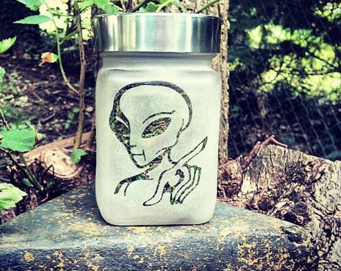 Featured listing image: Cosmic Curiosity Alien Etched Glass Stash Jar – Unique, Airtight & Odor-Proof Storage by Twisted420Glass