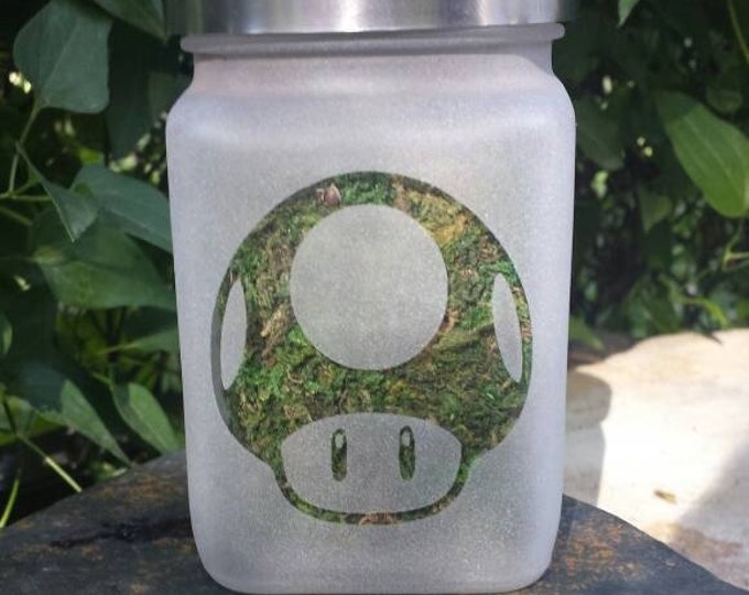 8Bit Mighty Mushroom Etched Glass Stash Jar - 4" Tall x 2.5" Wide, Airtight, Odor Proof - Unique and Fun Design by Twisted420Glass !