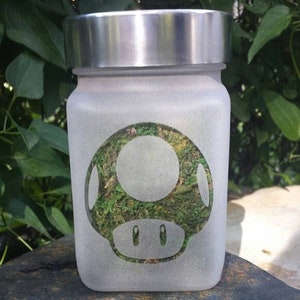 Etched Glass Stash Jar: Power UP Retro Gaming Design