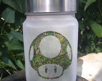Etched Glass Stash Jar: Power UP Retro Gaming Design