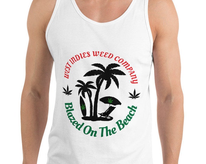 Unisex Blazed On The Beach Tank Top, Cannabis Beachwear, Resort Wear and Swimsuit Cover Up, West Indies Swim Tee
