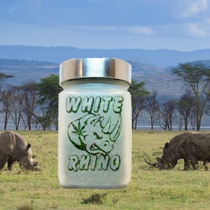 Discreet, airtight White Rhino etched glass stash jar perfect for keeping cannabis fresh and odorless. Makes a great gift for any cannabis enthusiast