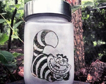 Cheshire Cat Small Stash Jar, Etched Glass Gifts, 4" Tall x 2.5" Wide