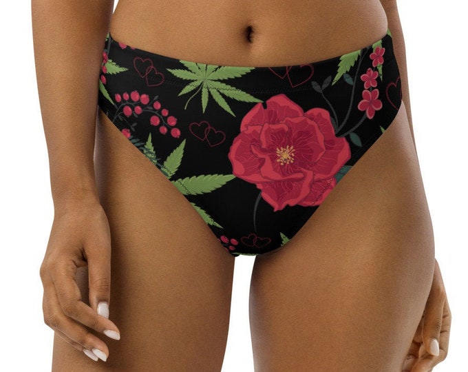 Cannabis-Inspired High-Waisted Bikini Bottom with Rose Print - Perfect for Summer - by Twisted420Glass on Etsy