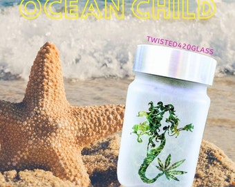 Mermaid with Cannabis Leaf Tail Etched Glass Stash Jar - Airtight, Odor-Proof by Twisted420Glass