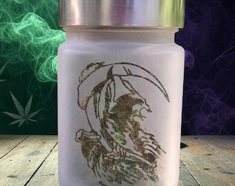 Grim Reaper Etched Glass Stash Jar - Airtight Container for Weed, Herbs - 420 Stoner Gift - Marijuana Storage