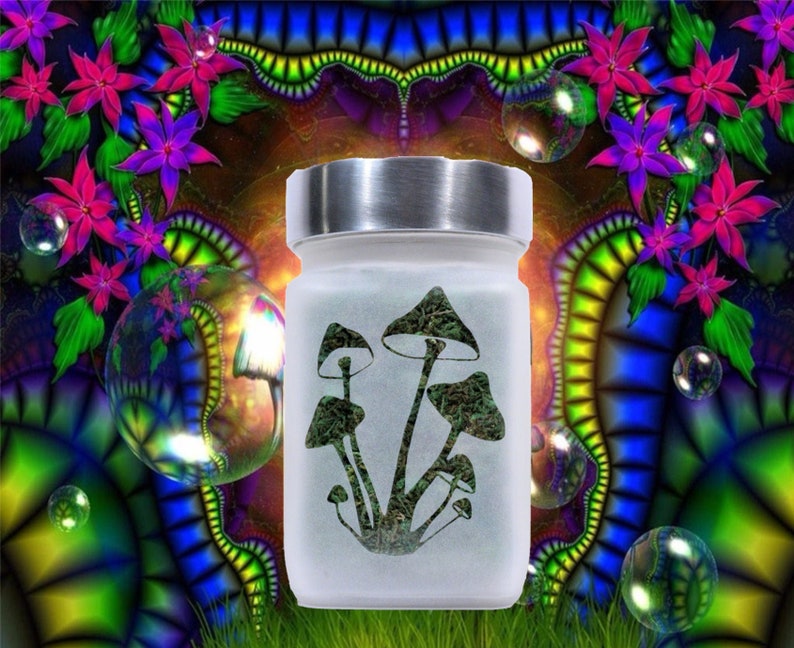 Etched Glass Stash Jar by Twisted420Glass featuring a psychedelic mushroom design, airtight seal and odor-proof technology, made of food-grade glass, perfect for storing anything you'd like.  Fun trippy design for a functional and unique gift.