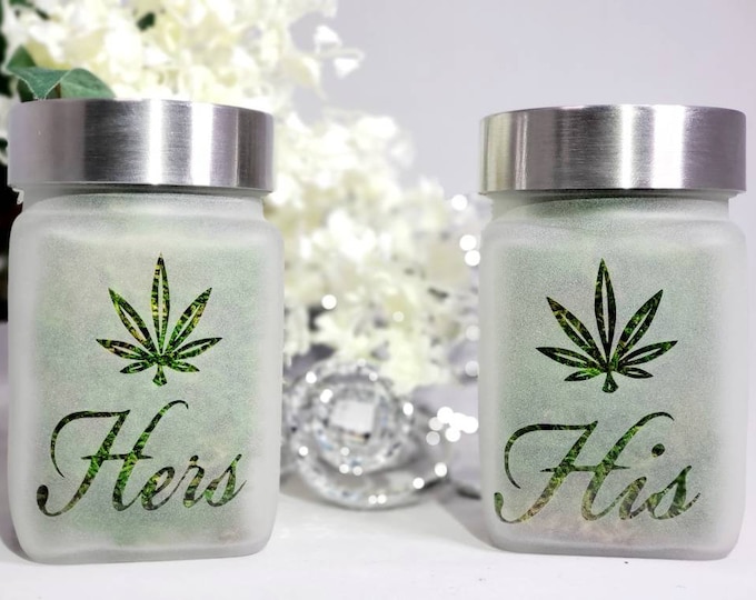 Handmade His and Hers Couples Stash Jar Gift Set; Airtight, Odorproof Flower Storage Jar - Buy as a set or individually.