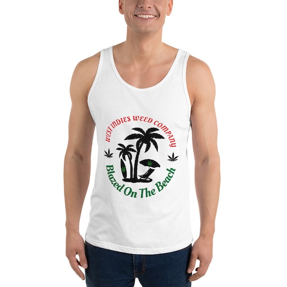 Unisex Blazed On The Beach Tank Top, Cannabis Beachwear, Resort Wear and Swimsuit Cover Up, West Indies Swim Tee