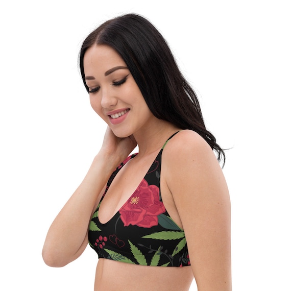 Cannabis and Roses Bikini Swimsuit Top with Removeable Pads