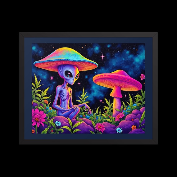 Psychedelic Alien & Mushroom Framed Poster: Cosmic Neon Art