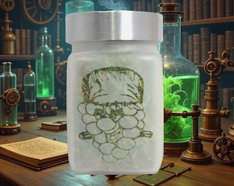 Grapenstein Etched Glass Stash Jar,  Frankenstein Weed Jar,  Airtight and Odor Proof Herb Storage | Spooky Cannabis Gift by Twisted420Glass