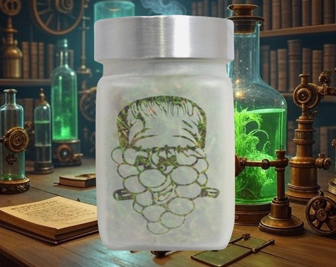 Hand-Etched Grapenstein Stash Jar, Airtight Herb Storage, Spooky Halloween Gift