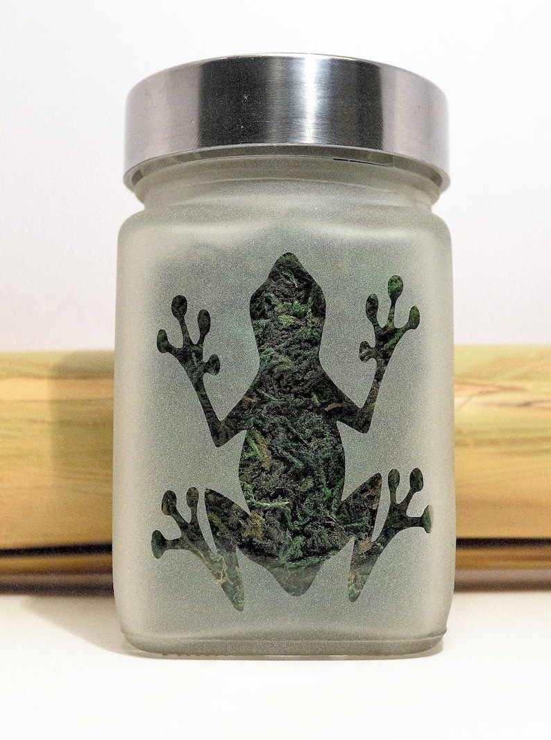 Frog Stash Jar - Airtight Food Grade Glass Jar with Brushed Aluminum Lid for Storing Herbs, MMJ, or Other Items - Perfect 420 Gift for Cannabis Lovers and Stoners