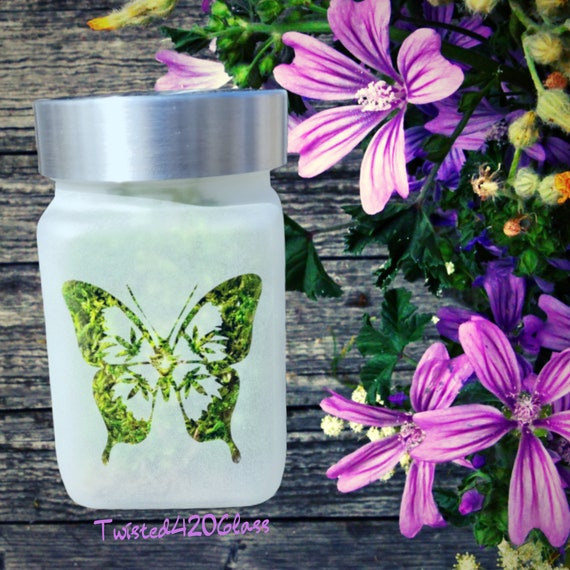 Twisted420Glass Butterfly Stash Jar, Handmade Etched Glass, Airtight, Odor Proof: Beautifully Crafted Etched Gift for Her