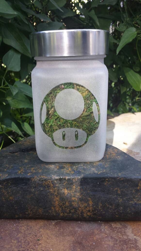 8Bit Mighty Mushroom Etched Glass Stash Jar by Twisted420Glass 4 Tall