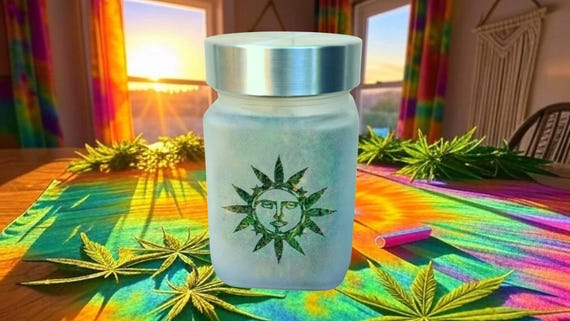 Canna Sunshine and Happiness Etched Glass Stash Jar