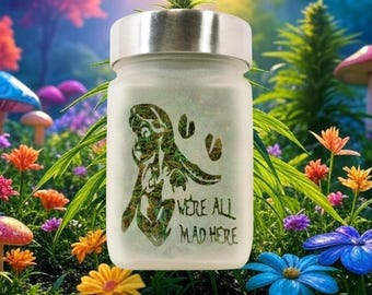 Alice in Wonderland Stash Jar - Etched Cheshire Cat Smile, Airtight, 4" Tall, Gift for Her