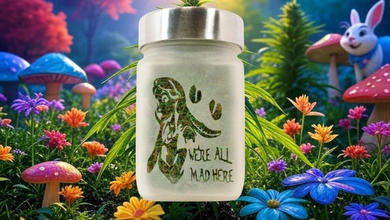Alice in Wonderland Stash Jar - Etched Cheshire Cat Smile, Airtight, 4" Tall, Gift for Her