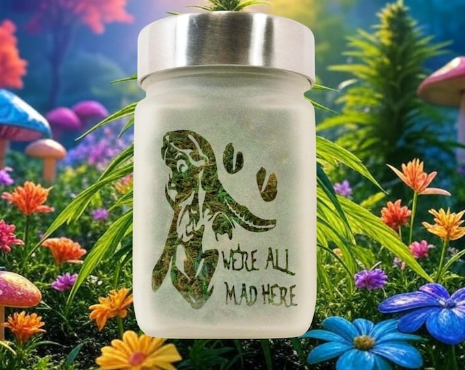 Alice in Wonderland Stash Jar - Etched Cheshire Cat Smile, Airtight, 4" Tall, Gift for Her