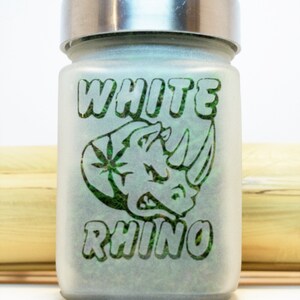 Discreet, airtight White Rhino etched glass stash jar perfect for keeping cannabis fresh and odorless. Makes a great gift for any cannabis enthusiast