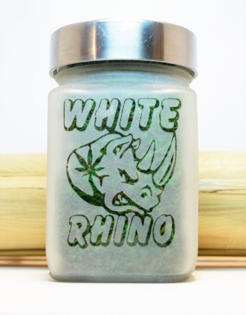 Discreet, airtight White Rhino etched glass stash jar perfect for keeping cannabis fresh and odorless. Makes a great gift for any cannabis enthusiast